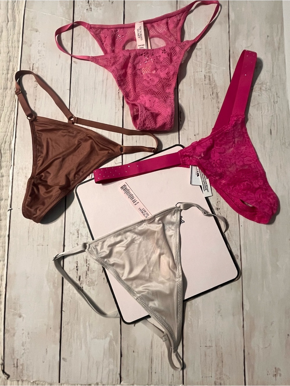 Victoria’s Secret lot of 4 Lace & Satin Thong - Hot Pink, Brown, ivory S